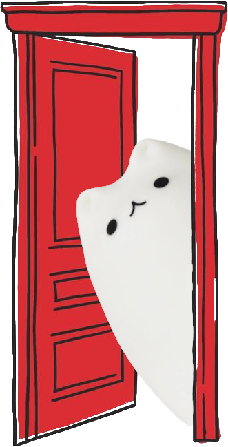 eggcat looking out of a red, slightly open door